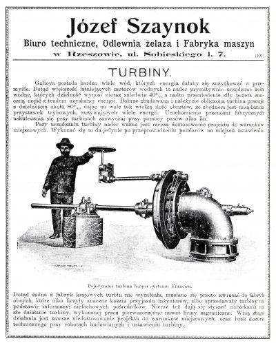 Opatrzona precyzyjnym rysunkiem technicznym reklama turbin produkowanych w fabryce J&oacute;zefa Szaynoka, zamieszczona w kwartalniku "Muzeum Przemysłowe", R. 1, 1907, nr 3 s. 12.  Zwraca uwagę obszerny opis uwarunkowań należytej produkcji i właściwego użytkowania turbin. Z innej reklamy fabryki zamieszczonej  w dwutygodniku "Przemysł Ceramiczny", R. 2, 1912, nr 2, także zilustrowanej znakomitym rysunkiem,  dowiadujemy się, że przedsiębiorstwo Szaynoka jest jedynym krajowym producentem tego rodzaju turbin i urządzeń maszynowych, co pokazuje, że rzeszowska wytw&oacute;rczość była szeroko znana na skalę co najmniej ponadlokalną. Ze zbior&oacute;w Muzeum Okręgowego w Rzeszowie